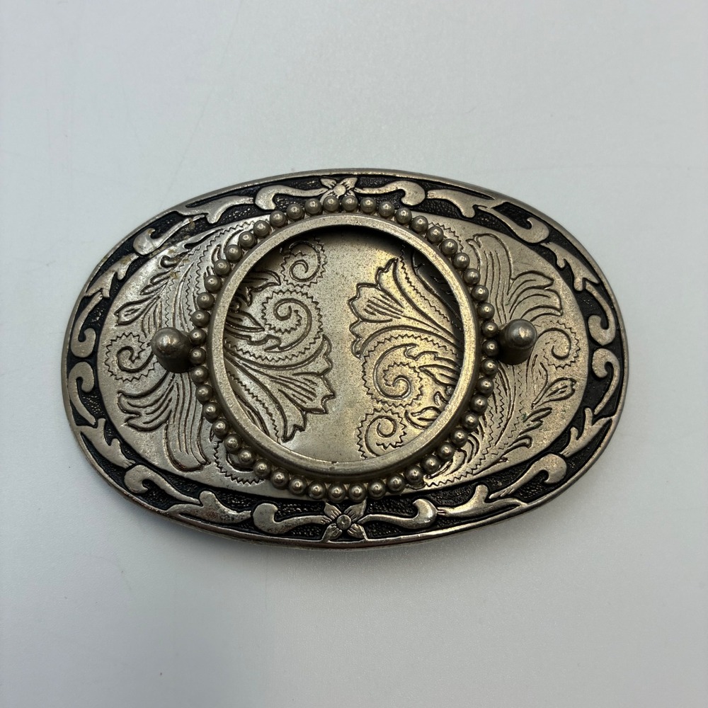 Vintage Western Floral Scroll Oval Belt Buckle Antiqued Silver Tone Bezel Frame